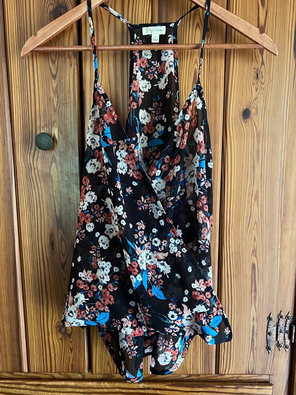 Lily White - Sheer Floral Crossover Front Cami racerback, Faux Tuck-In, floral S